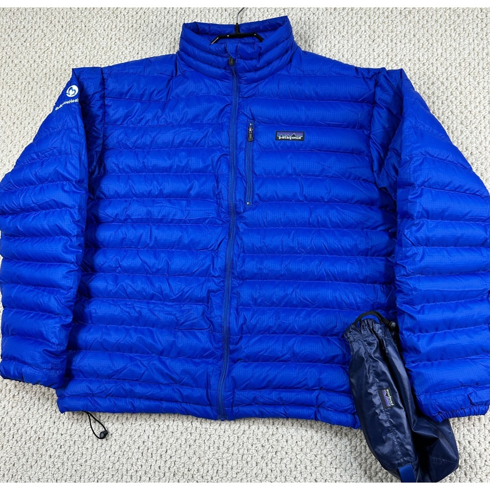 Vtg Patagonia Down Sweater Men L Blue Puffer Jacket Goose Down Fill Packable Bag